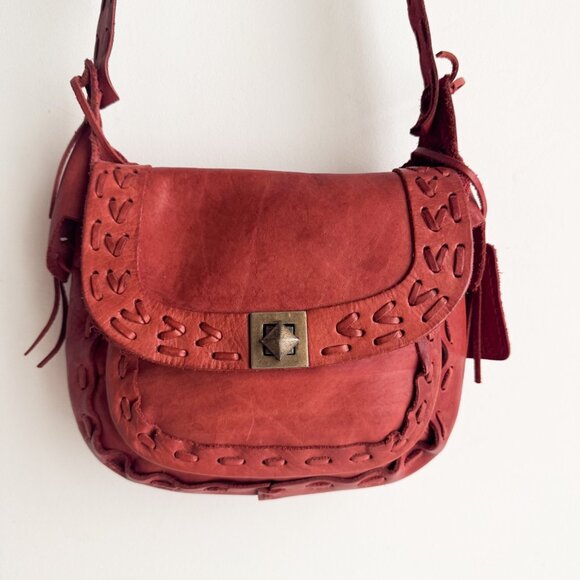 Vintage Zara Leather Whipstitch Boho Oval Saddle bag - Picture 2 of 11